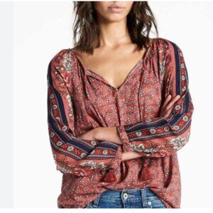Lucky Brand Top Women's Small Floral Peasant Long Sleeve Blouse V-Neck
